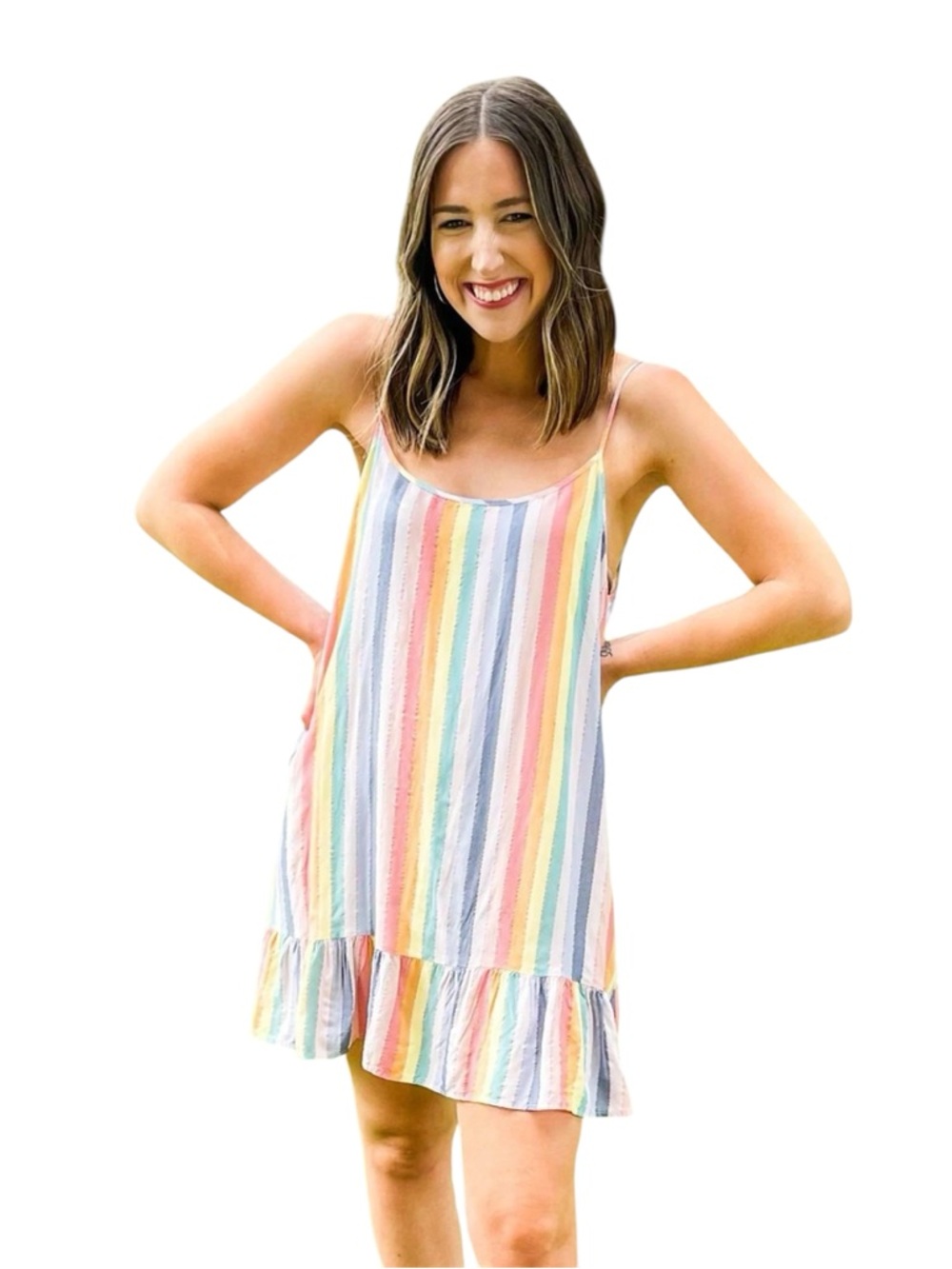 NWT Self Contrast Striped Pastel Rainbow Mini Dress - Spaghetti Strap size xs